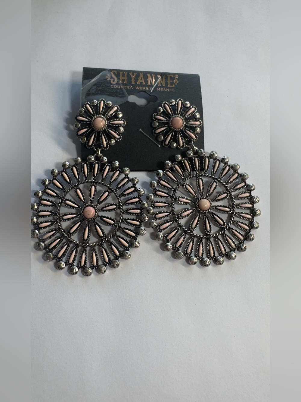 6.5cm Shyanne Blush Pink and Silver Filigree Medallion Earrings
